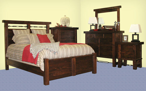 Yukon complete bedroom set that includes a bed, tall dresser, wide dresser and side table 